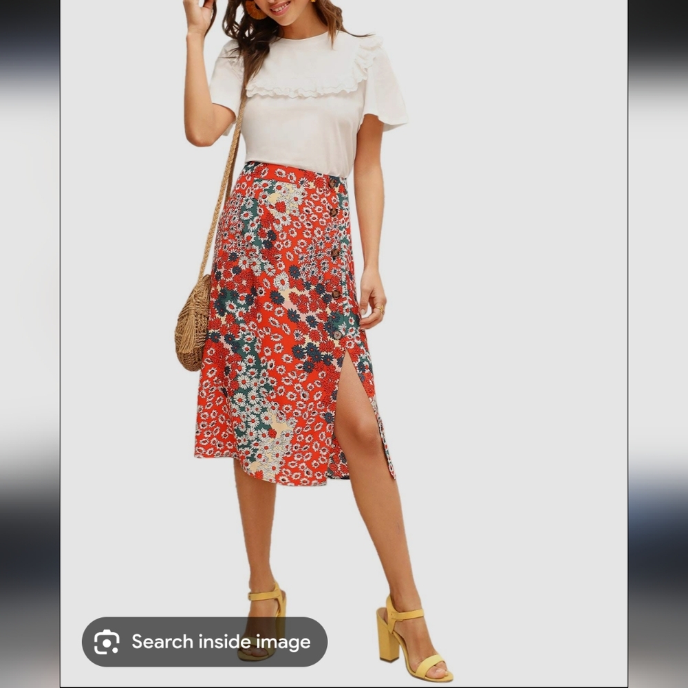 Ditsy Floral Red Women's Button Up Midi Skirt - Picture 6 of 6